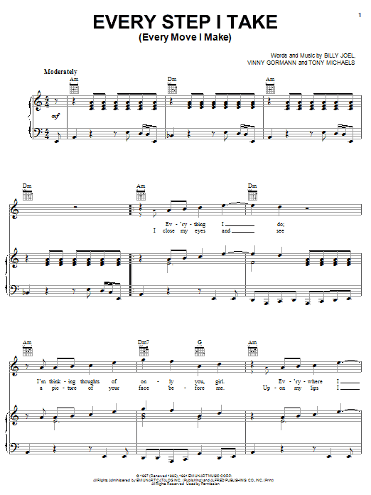 Billy Joel Every Step I Take (Every Move I Make) sheet music notes and chords arranged for Piano, Vocal & Guitar Chords (Right-Hand Melody)