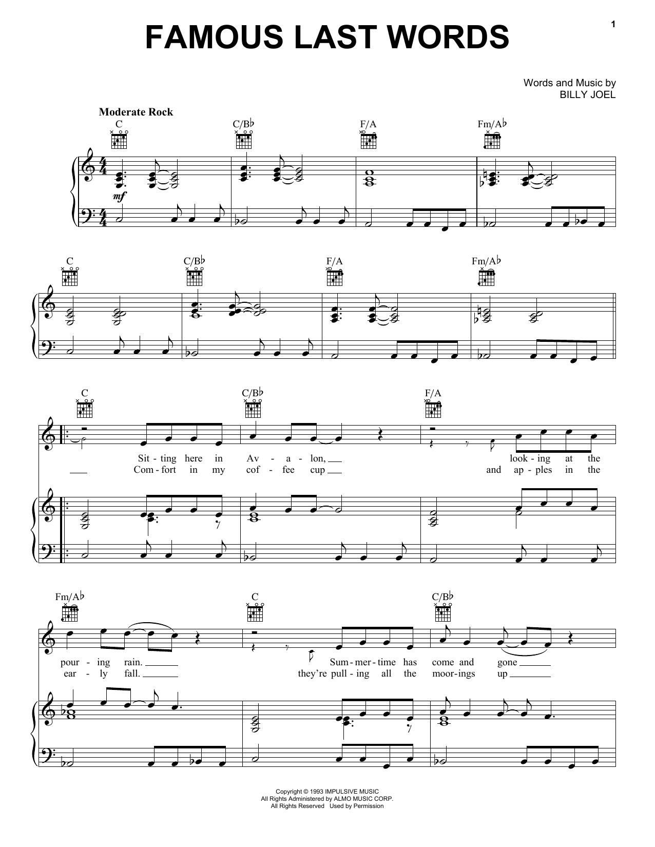 Billy Joel Famous Last Words sheet music notes and chords arranged for Piano, Vocal & Guitar Chords (Right-Hand Melody)