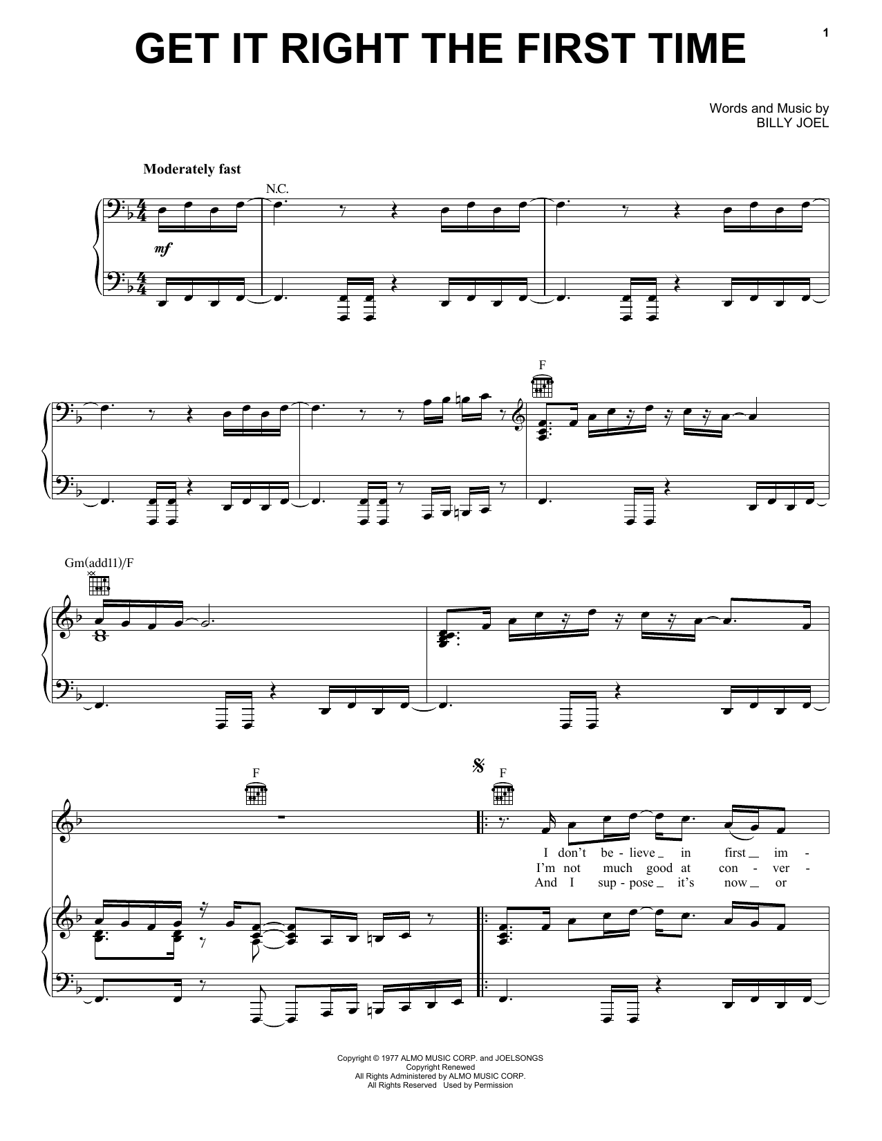 Billy Joel Get It Right The First Time sheet music notes and chords arranged for Piano, Vocal & Guitar Chords (Right-Hand Melody)
