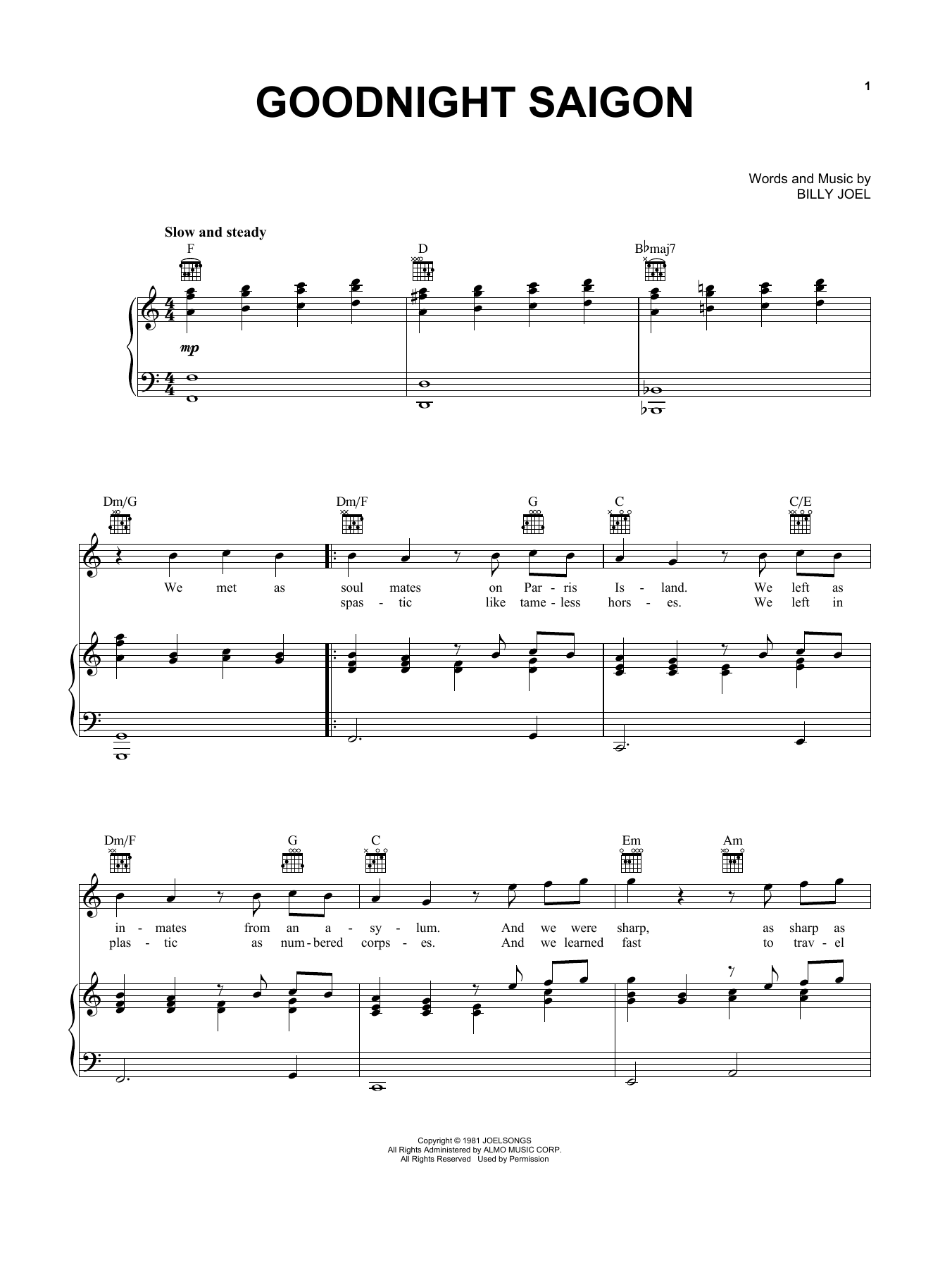 Billy Joel Goodnight Saigon sheet music notes and chords arranged for Piano Chords/Lyrics