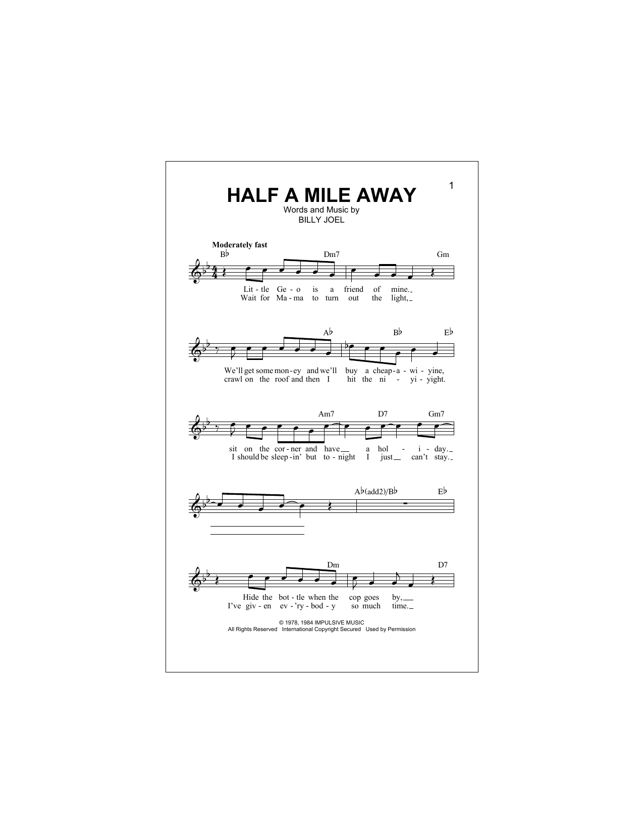 Billy Joel Half A Mile Away sheet music notes and chords arranged for Lead Sheet / Fake Book