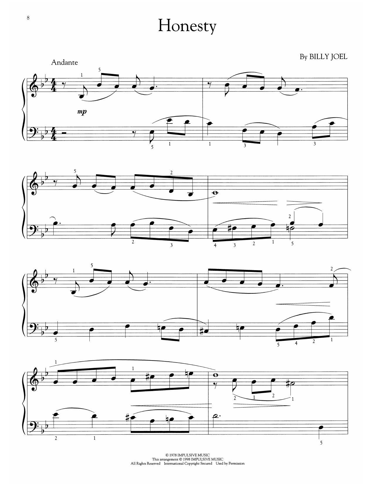Billy Joel Honesty (arr. Phillip Keveren) sheet music notes and chords arranged for Easy Piano Solo
