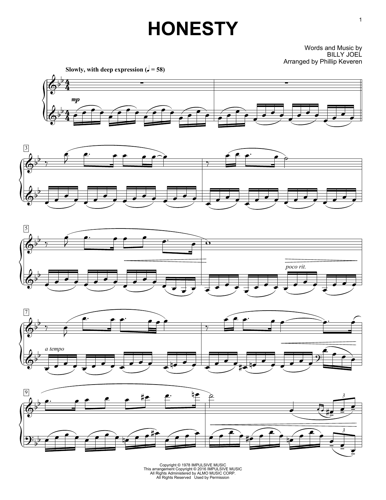 Billy Joel Honesty [Classical version] (arr. Phillip Keveren) sheet music notes and chords arranged for Piano Solo