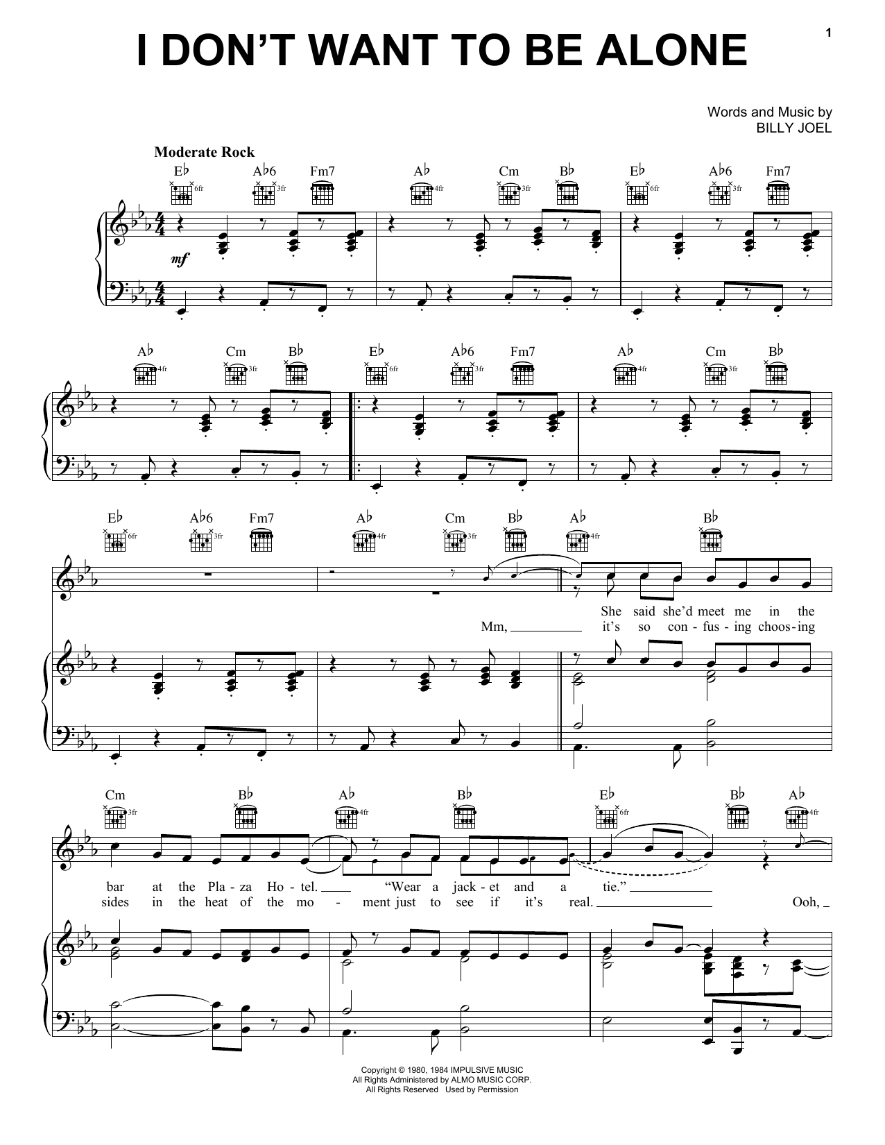 Billy Joel I Don't Want To Be Alone sheet music notes and chords arranged for Piano, Vocal & Guitar Chords (Right-Hand Melody)