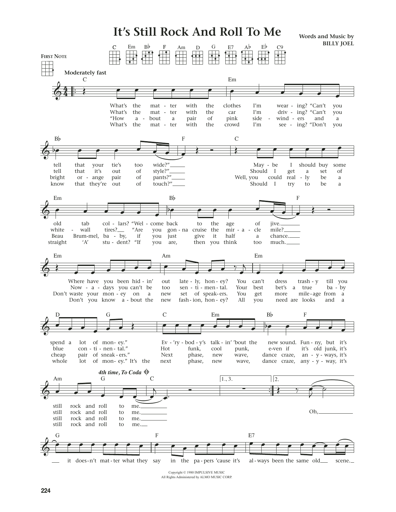 Billy Joel It's Still Rock And Roll To Me (from The Daily Ukulele) (arr. Jim Beloff) sheet music notes and chords arranged for Ukulele