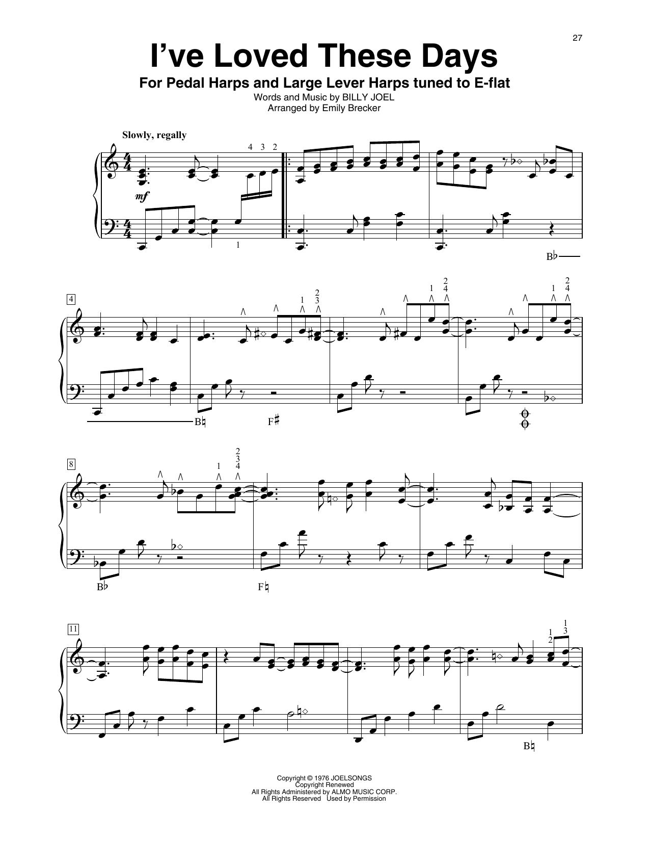 Billy Joel I've Loved These Days (arr. Emily Brecker) sheet music notes and chords arranged for Harp
