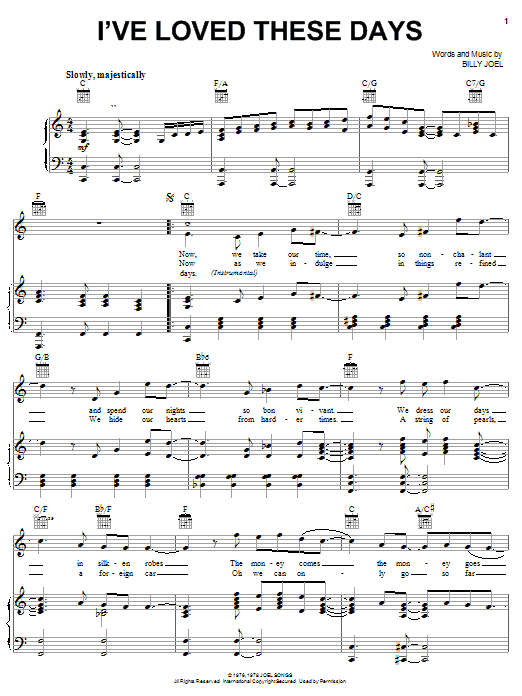 Billy Joel I've Loved These Days sheet music notes and chords arranged for Piano, Vocal & Guitar Chords (Right-Hand Melody)