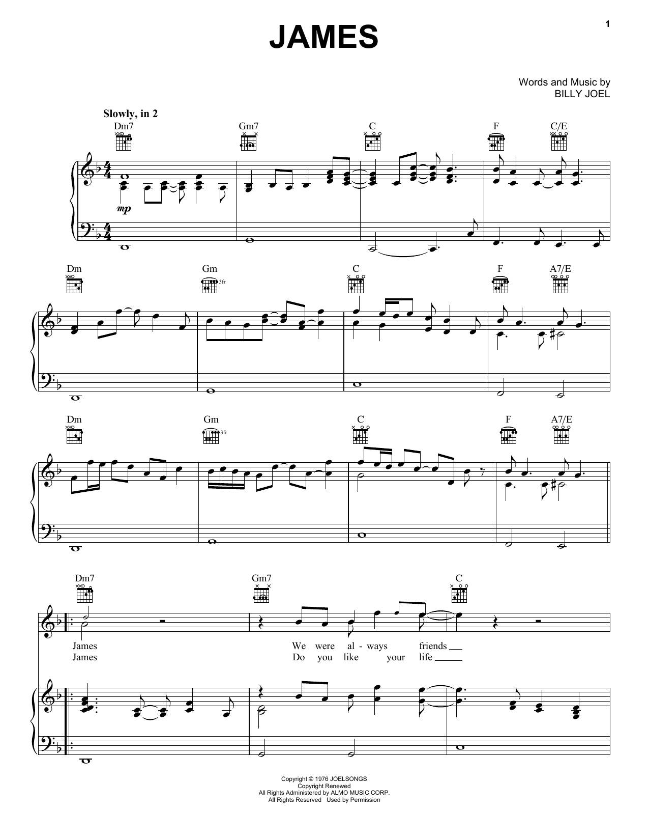 Billy Joel James sheet music notes and chords arranged for Piano, Vocal & Guitar Chords (Right-Hand Melody)
