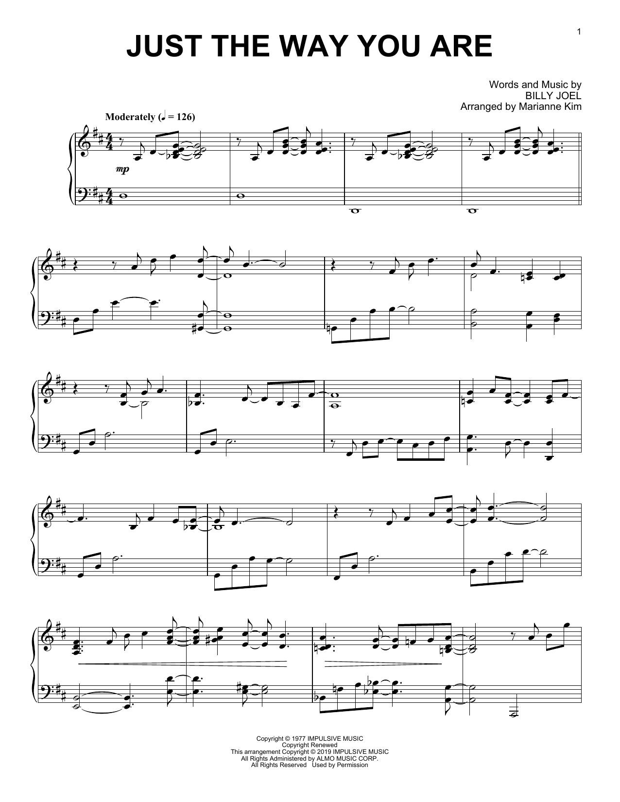 Billy Joel Just The Way You Are (arr. Marianne Kim) sheet music notes and chords arranged for Piano Solo