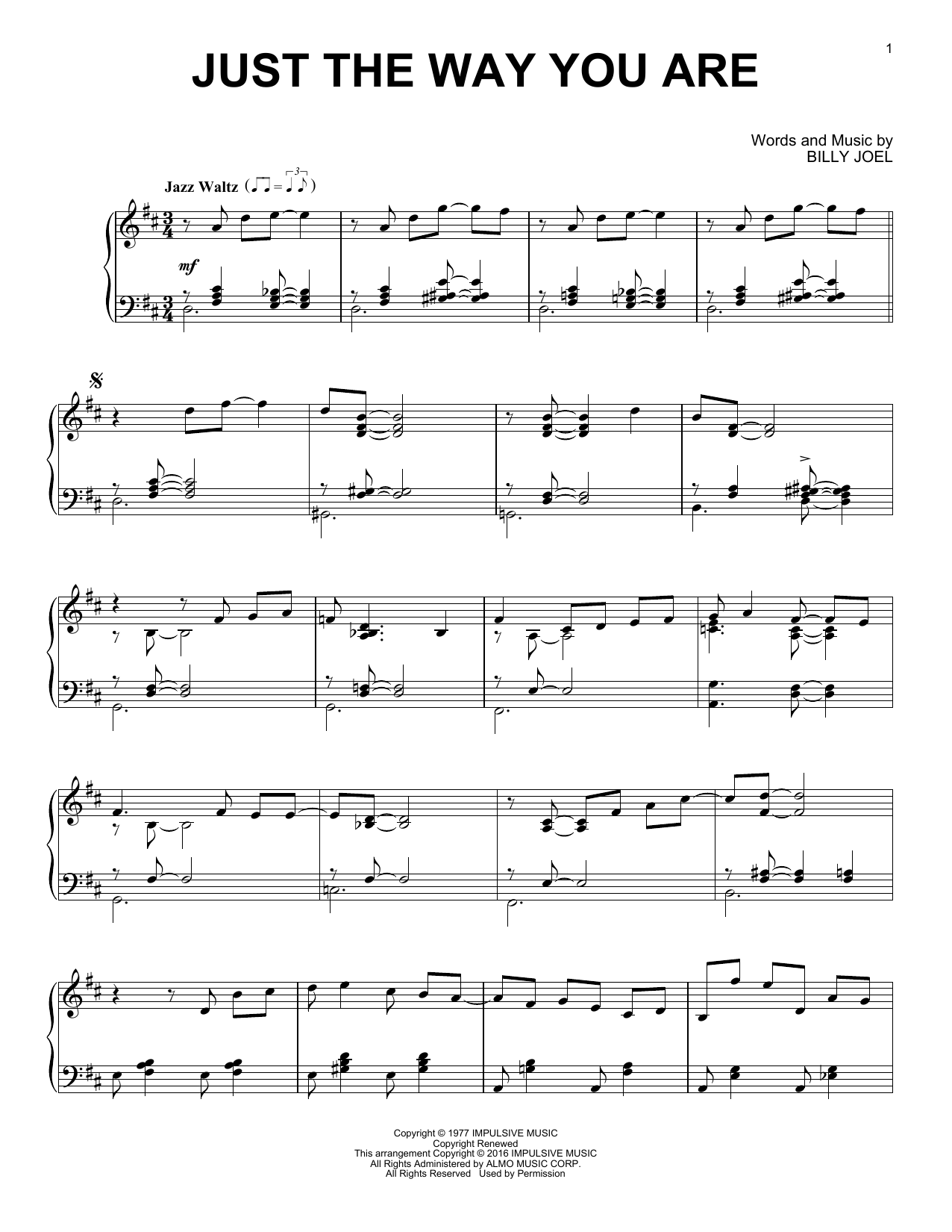 Billy Joel Just The Way You Are [Jazz version] sheet music notes and chords arranged for Piano Solo