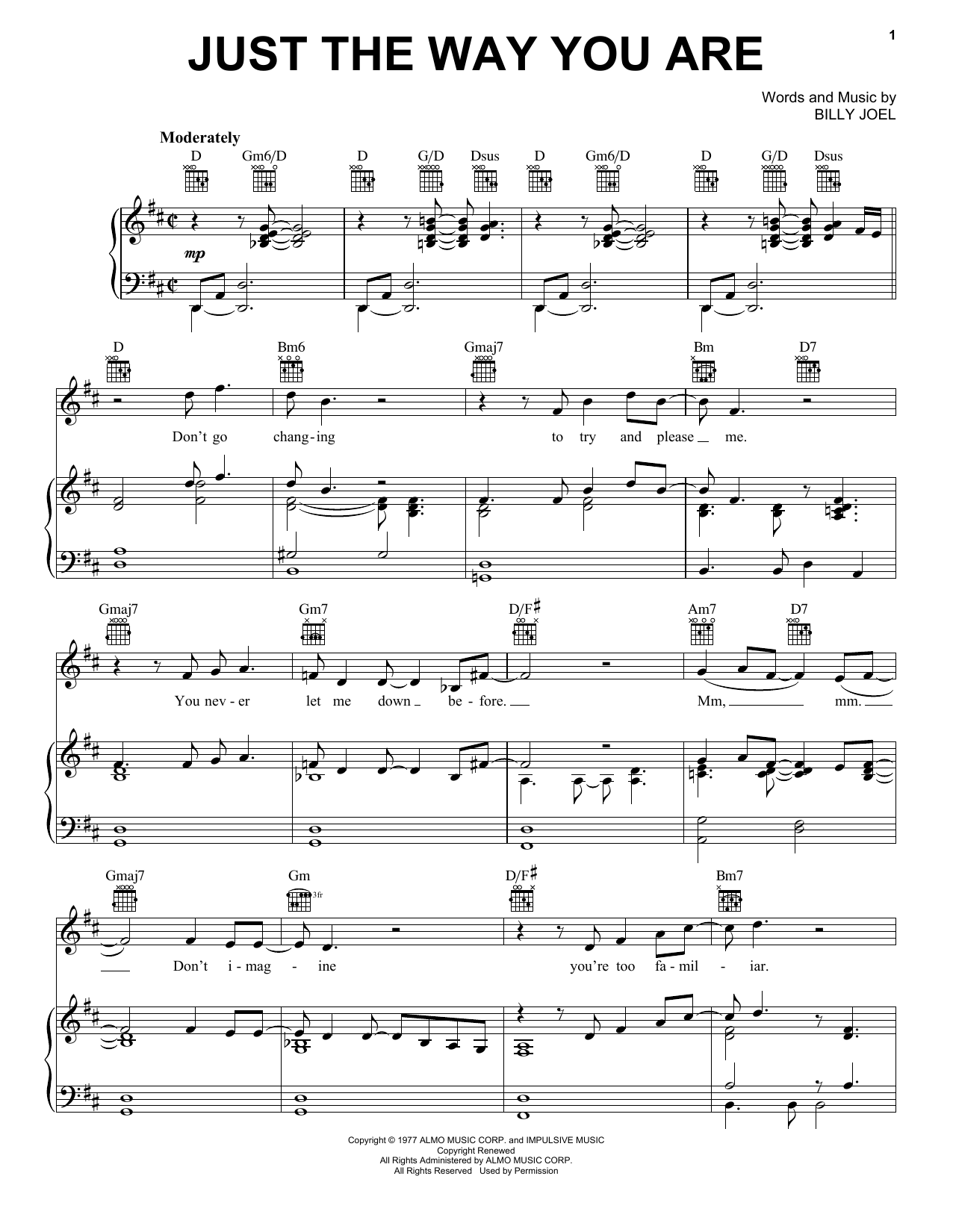 Billy Joel Just The Way You Are sheet music notes and chords arranged for Vocal Pro + Piano/Guitar