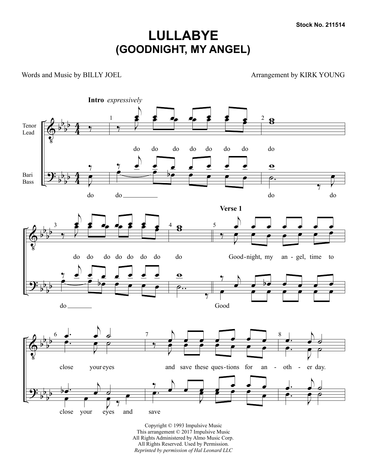 Billy Joel Lullaby (Goodnight My Angel) (arr. Kirk Young) sheet music notes and chords arranged for TTBB Choir