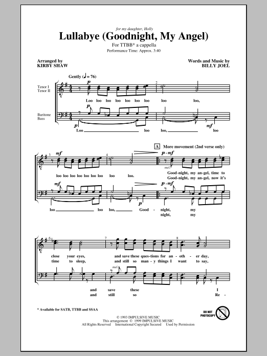 Billy Joel Lullabye (Goodnight, My Angel) (arr. Kirby Shaw) sheet music notes and chords arranged for TTBB Choir