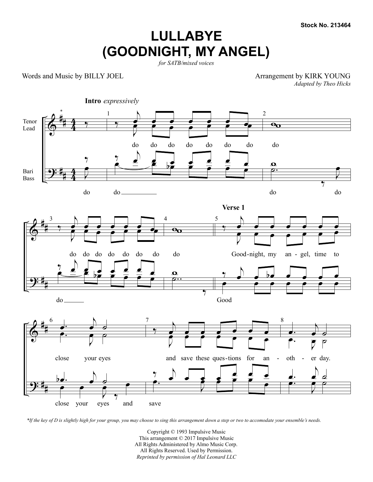 Billy Joel Lullabye (Goodnight, My Angel) (arr. Kirk Young) sheet music notes and chords arranged for SATB Choir