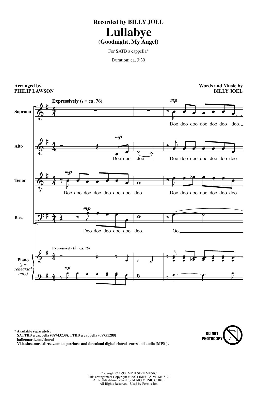 Billy Joel Lullabye (Goodnight, My Angel) (arr. Philip Lawson) sheet music notes and chords arranged for SATB Choir