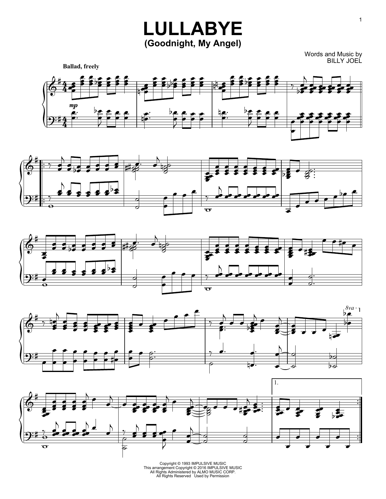Billy Joel Lullabye (Goodnight, My Angel) [Jazz version] sheet music notes and chords arranged for Piano Solo