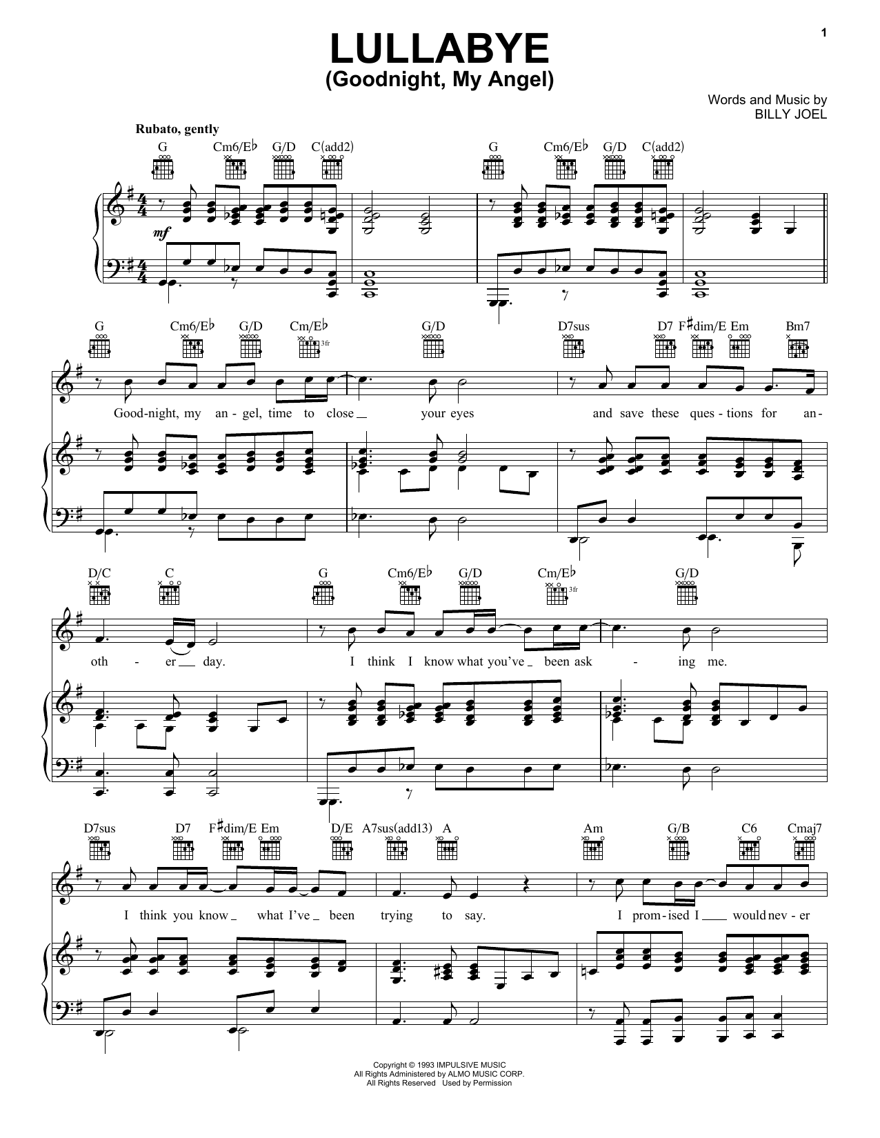 Billy Joel Lullabye (Goodnight, My Angel) sheet music notes and chords arranged for Tenor Sax Solo