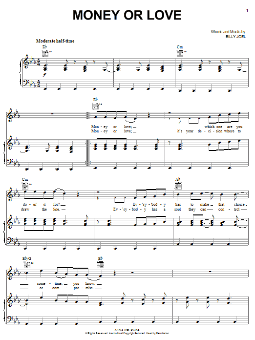 Billy Joel Money Or Love sheet music notes and chords arranged for Piano, Vocal & Guitar Chords (Right-Hand Melody)