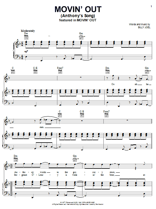 Billy Joel Movin' Out (Anthony's Song) sheet music notes and chords arranged for Pro Vocal