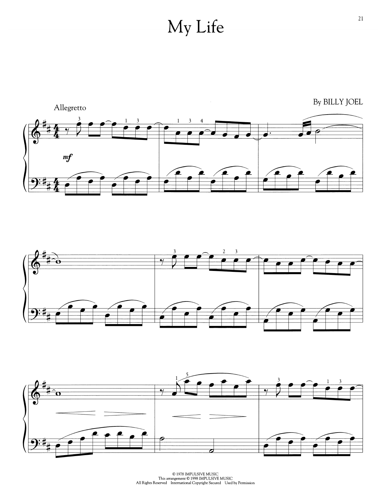 Billy Joel My Life (arr. Phillip Keveren) sheet music notes and chords arranged for Easy Piano Solo
