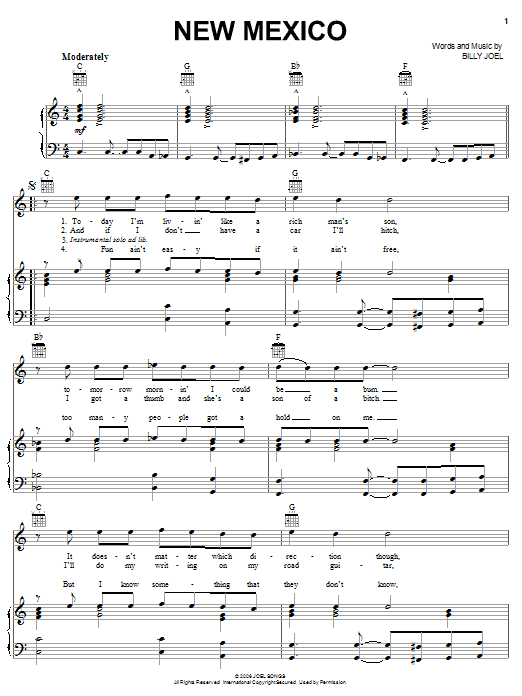 Billy Joel New Mexico sheet music notes and chords arranged for Piano, Vocal & Guitar Chords (Right-Hand Melody)