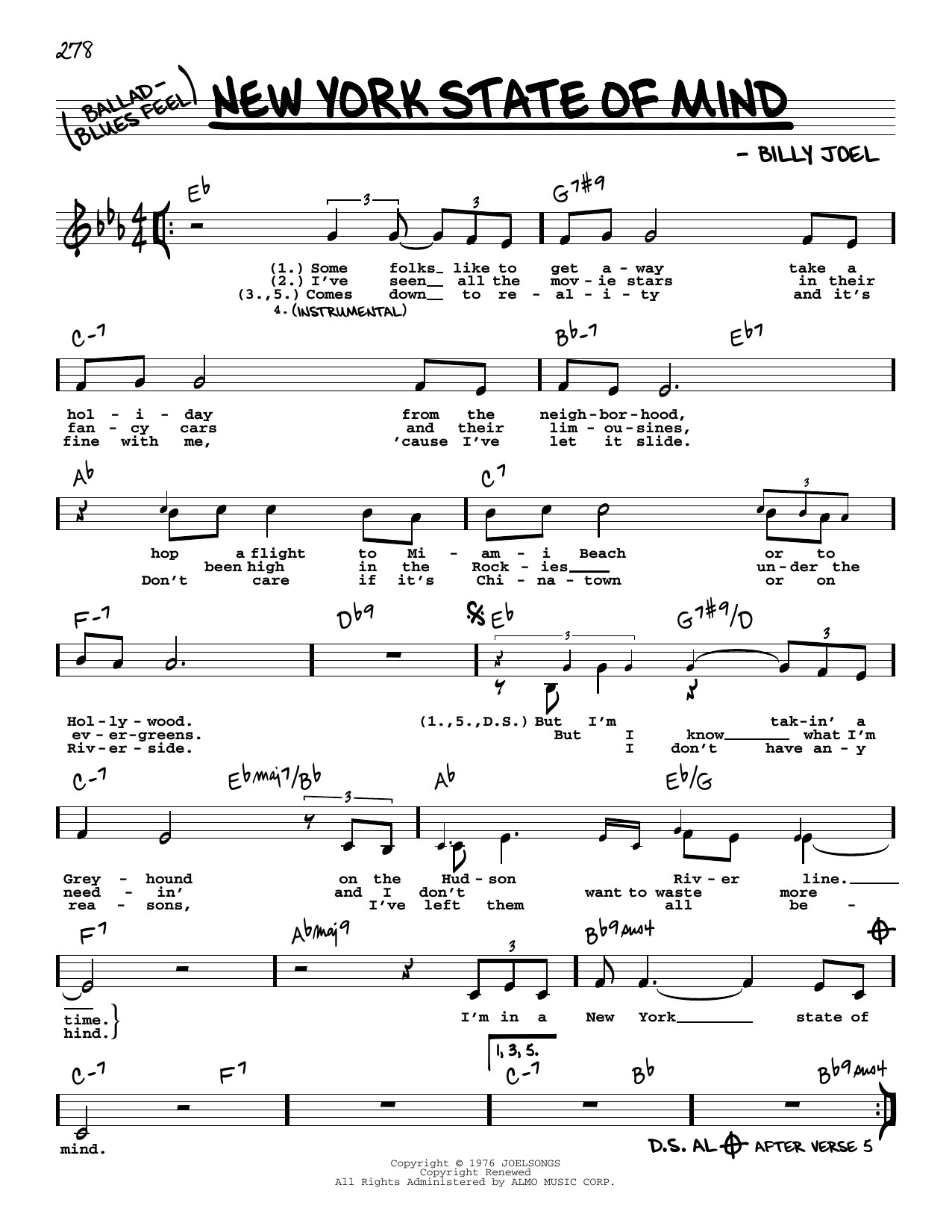 Billy Joel New York State Of Mind (Low Voice) sheet music notes and chords arranged for Real Book – Melody, Lyrics & Chords