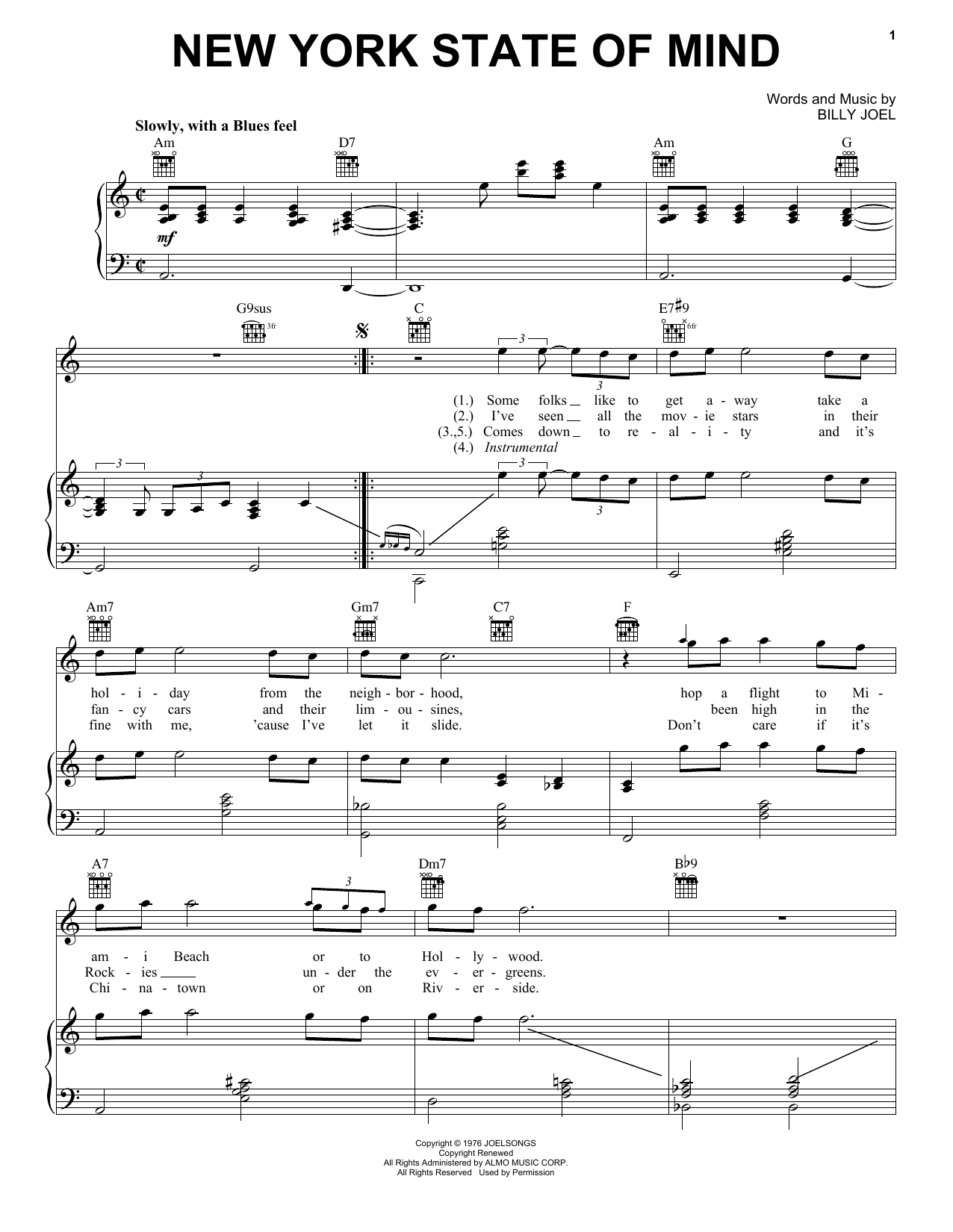 Billy Joel New York State Of Mind sheet music notes and chords arranged for Piano, Vocal & Guitar Chords (Right-Hand Melody)