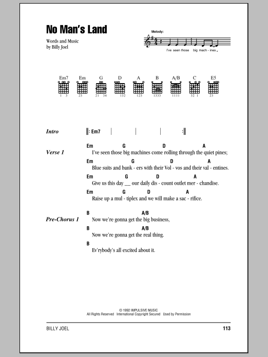Billy Joel No Man's Land sheet music notes and chords arranged for Piano, Vocal & Guitar Chords (Right-Hand Melody)