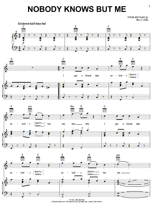 Billy Joel Nobody Knows But Me sheet music notes and chords arranged for Piano, Vocal & Guitar Chords (Right-Hand Melody)