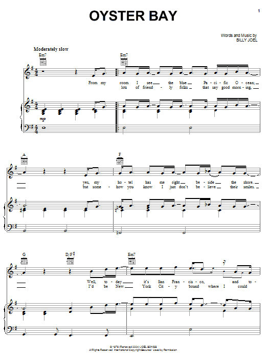 Billy Joel Oyster Bay sheet music notes and chords arranged for Piano, Vocal & Guitar Chords (Right-Hand Melody)