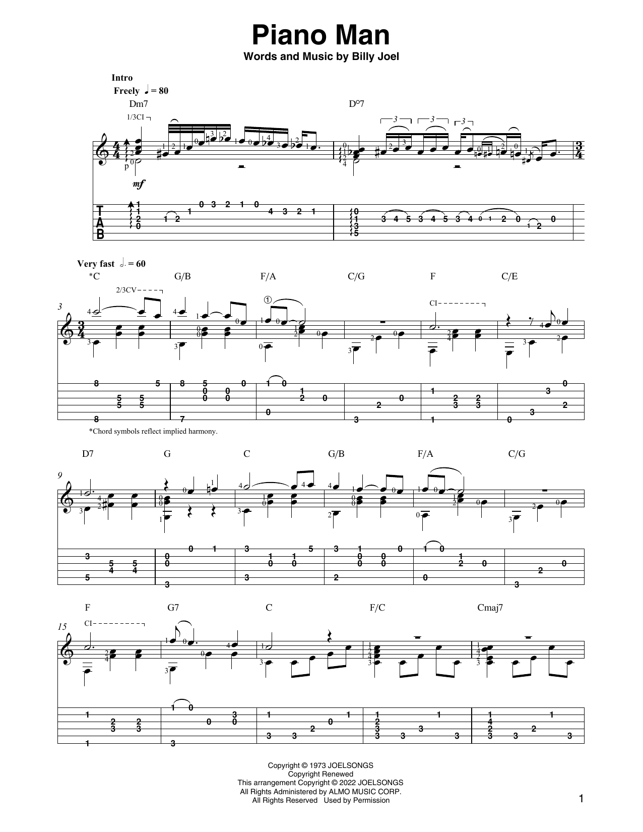 Billy Joel Piano Man (arr. Ben Pila) sheet music notes and chords arranged for Solo Guitar