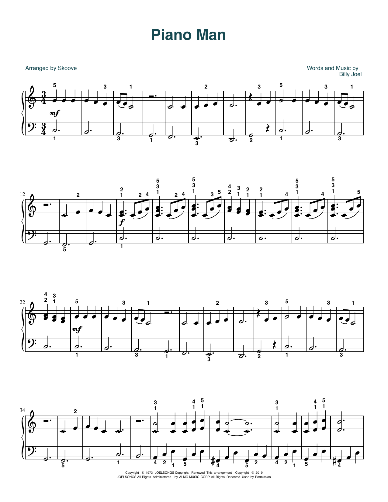 Billy Joel Piano Man (arr. Skoove) sheet music notes and chords arranged for Easy Piano