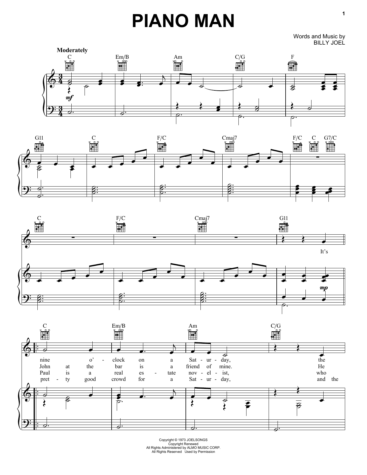 Billy Joel Piano Man sheet music notes and chords arranged for Real Book – Melody, Lyrics & Chords
