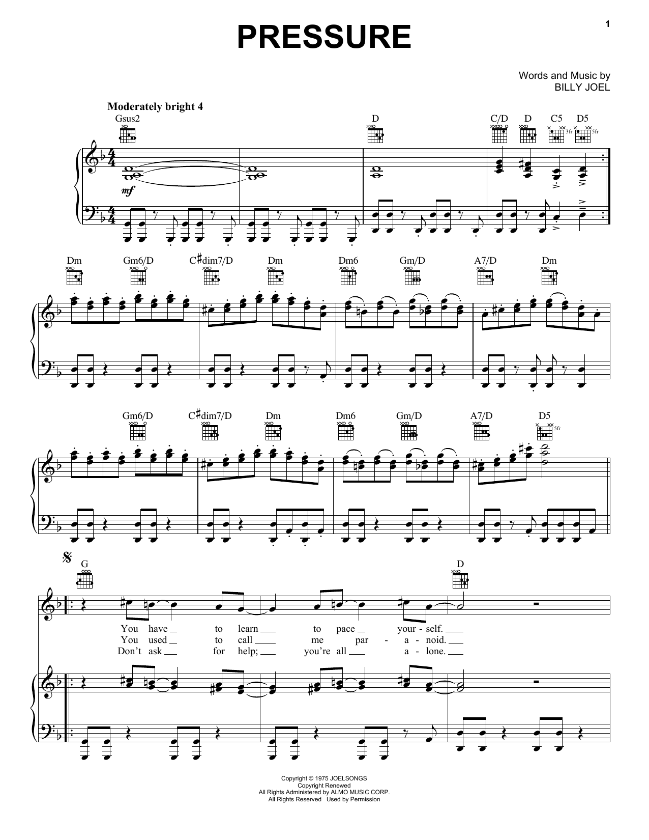 Billy Joel Pressure sheet music notes and chords arranged for Guitar Chords/Lyrics