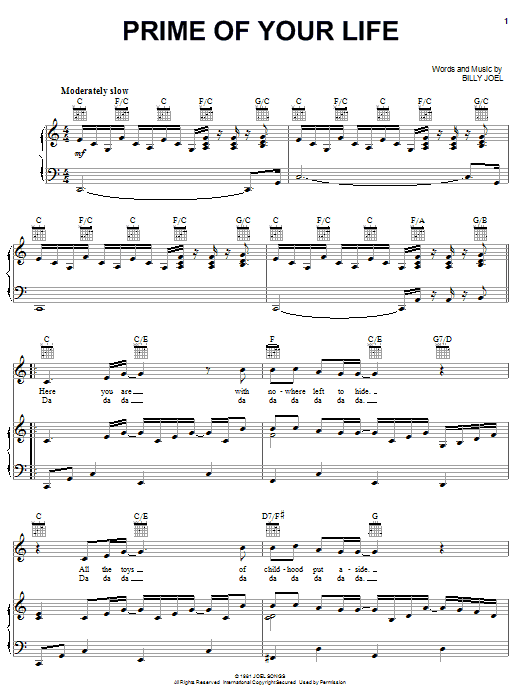 Billy Joel Prime Of Your Life sheet music notes and chords arranged for Piano, Vocal & Guitar Chords (Right-Hand Melody)