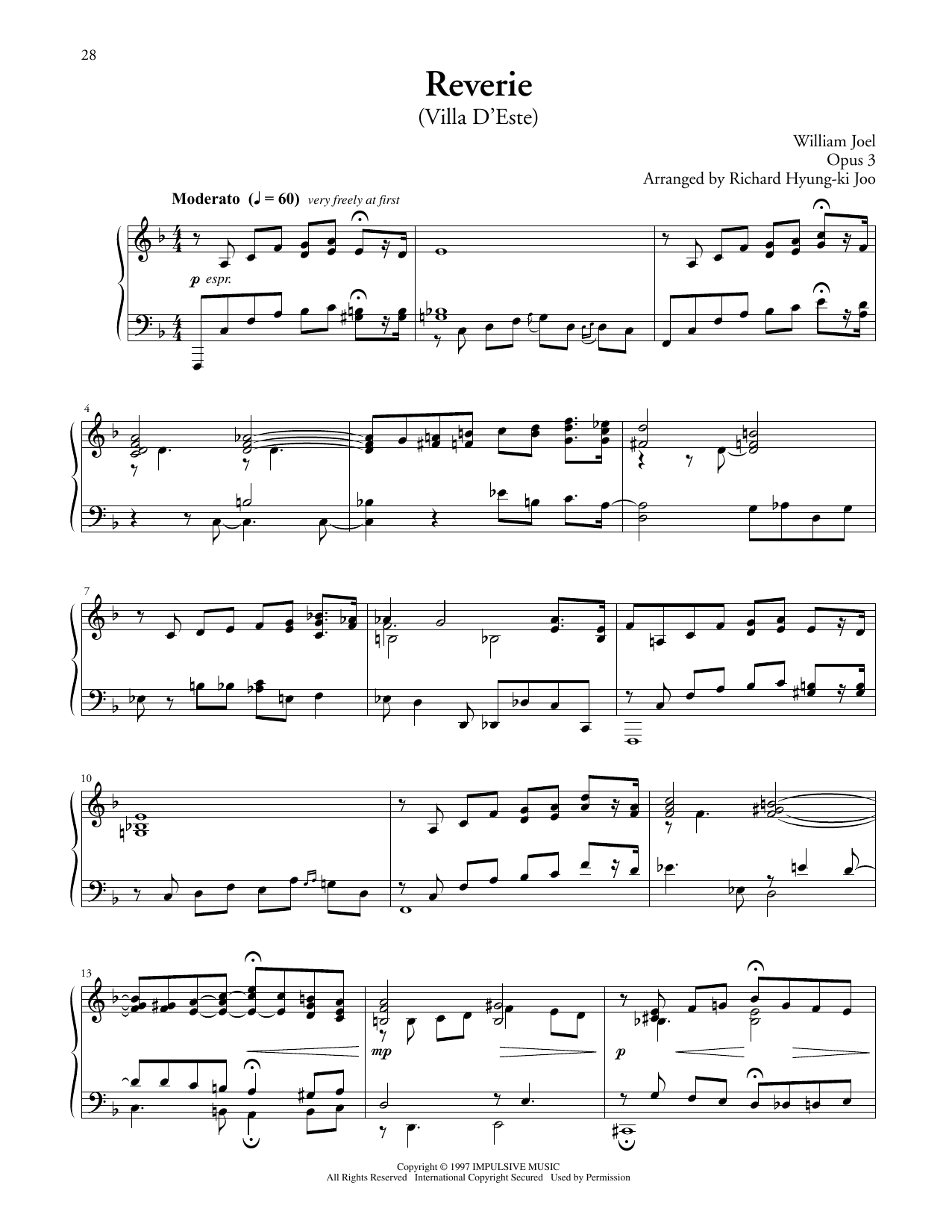 Billy Joel Reverie (Villa D'este) sheet music notes and chords arranged for Piano Solo