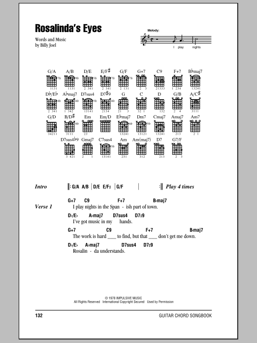 Billy Joel Rosalinda's Eyes sheet music notes and chords arranged for Piano, Vocal & Guitar Chords (Right-Hand Melody)