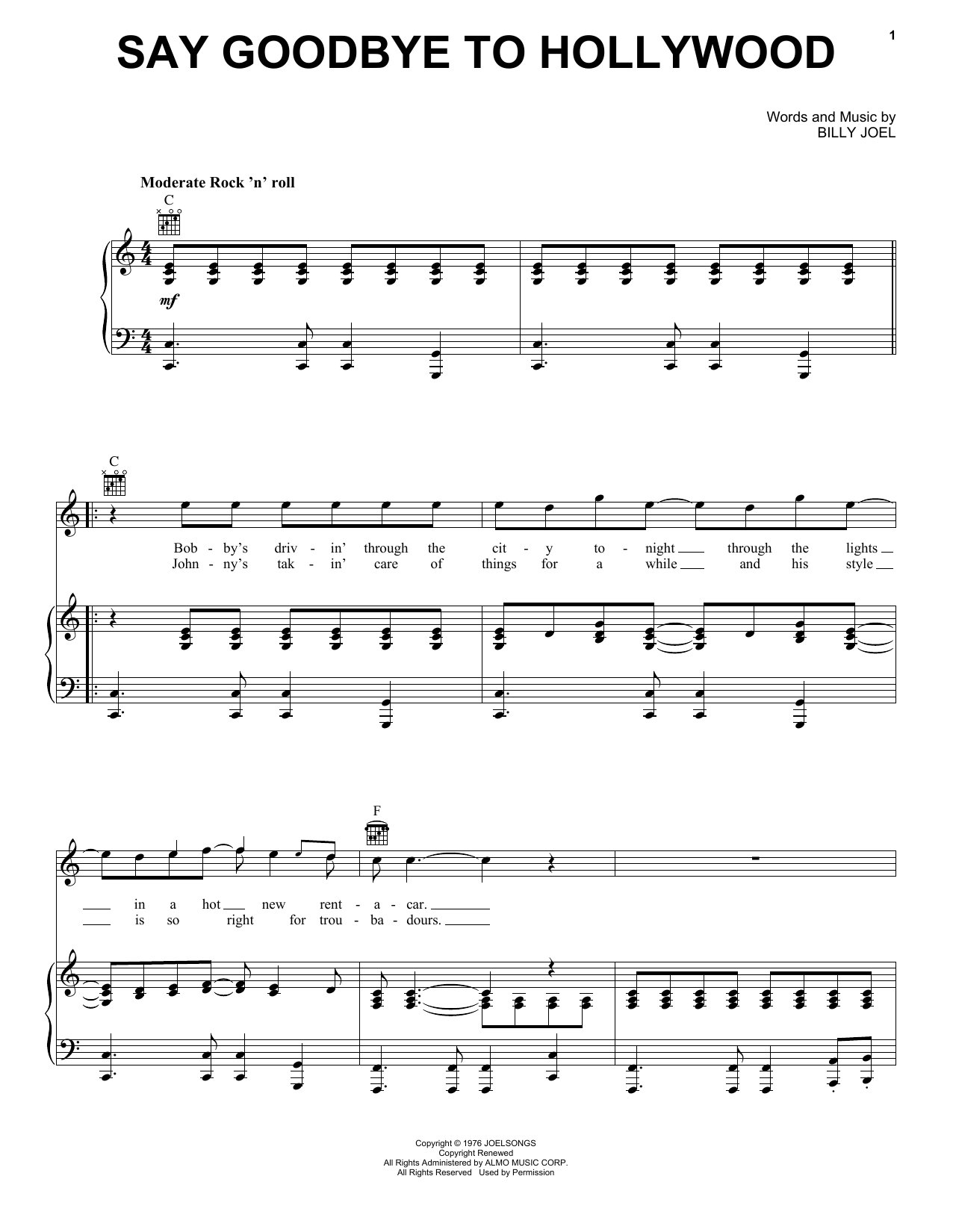 Billy Joel Say Goodbye To Hollywood sheet music notes and chords arranged for Piano Chords/Lyrics