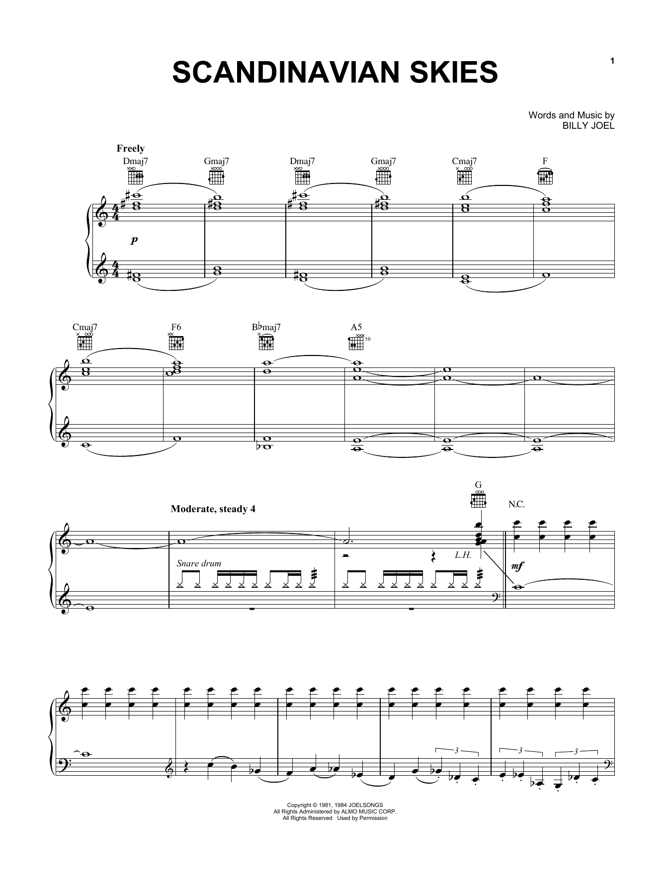 Billy Joel Scandinavian Skies sheet music notes and chords arranged for Piano, Vocal & Guitar Chords (Right-Hand Melody)