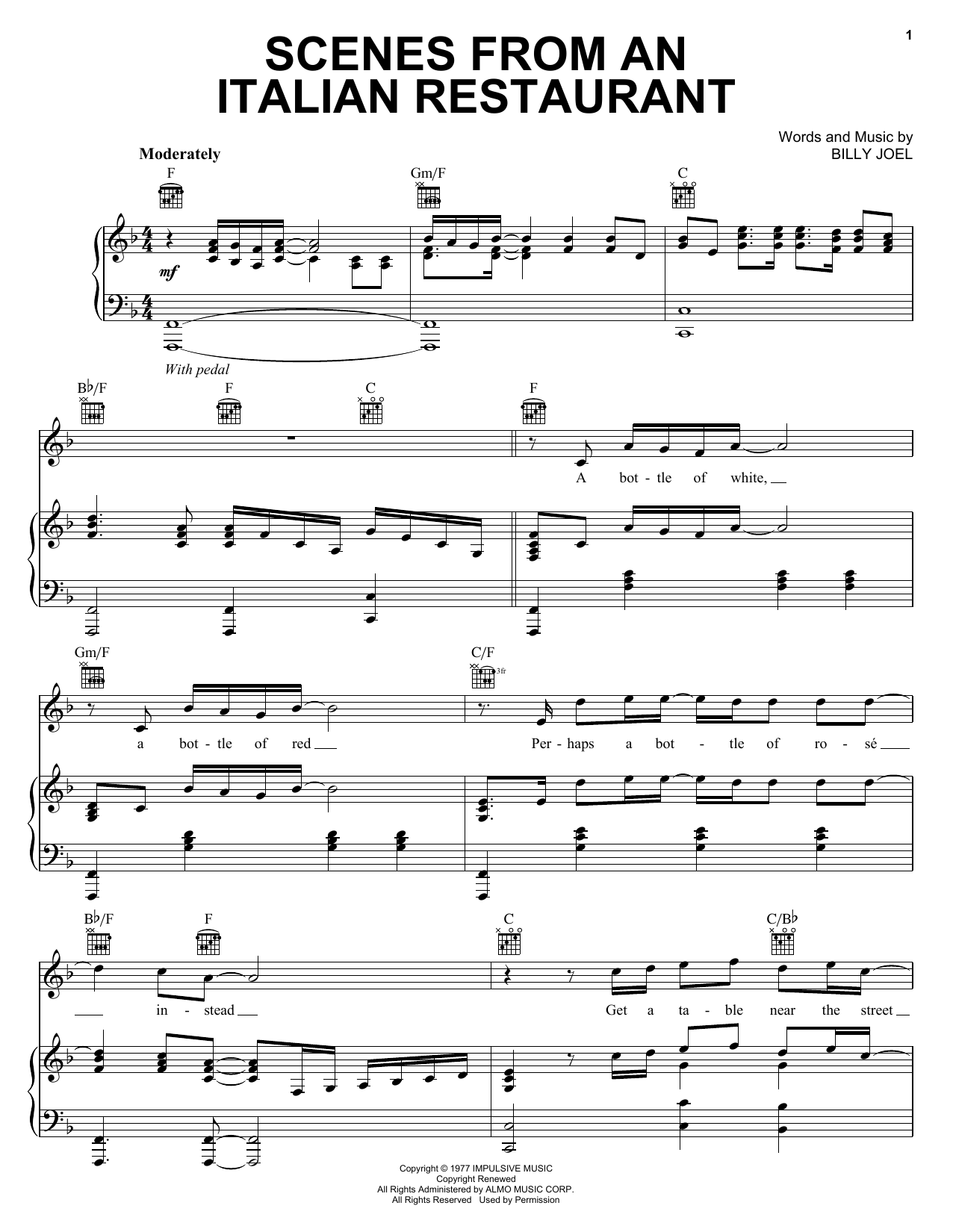 Billy Joel Scenes From An Italian Restaurant sheet music notes and chords arranged for Piano Solo