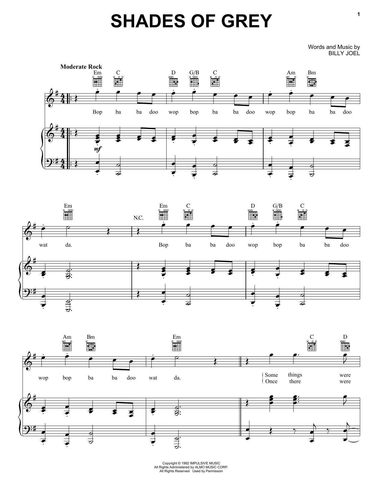 Billy Joel Shades Of Grey sheet music notes and chords arranged for Piano, Vocal & Guitar Chords (Right-Hand Melody)