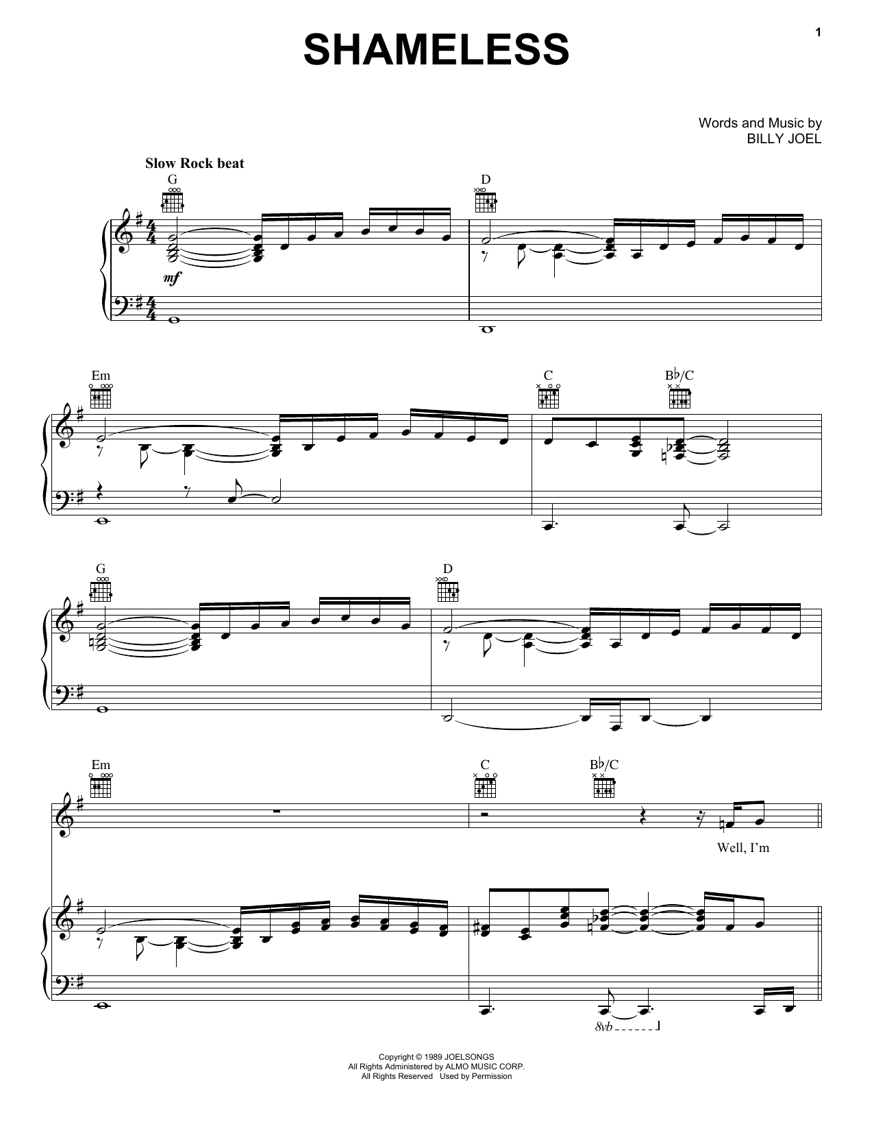 Billy Joel Shameless sheet music notes and chords arranged for Easy Guitar