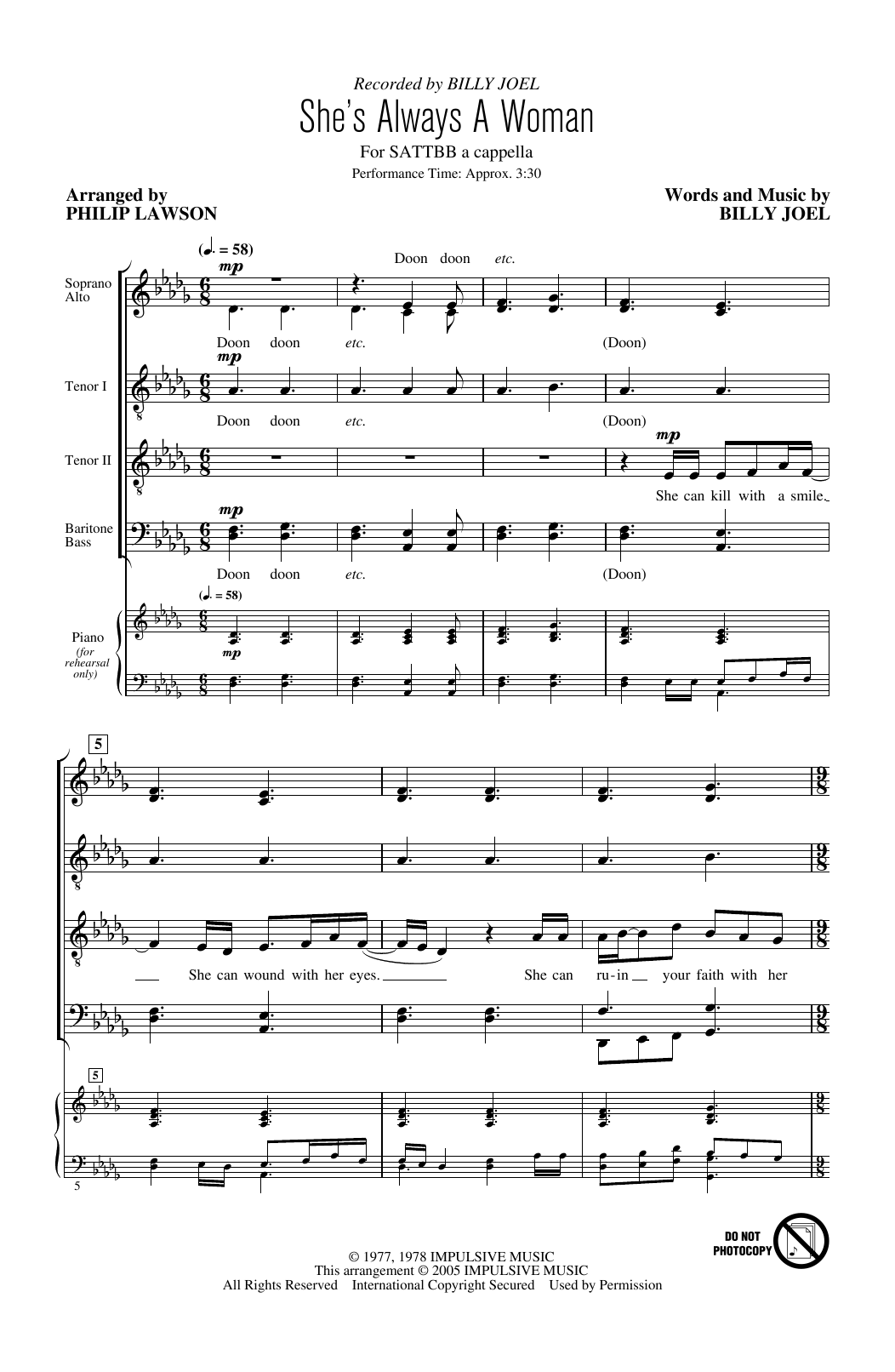 Billy Joel She's Always A Woman (arr. Philip Lawson) sheet music notes and chords arranged for SATB Choir
