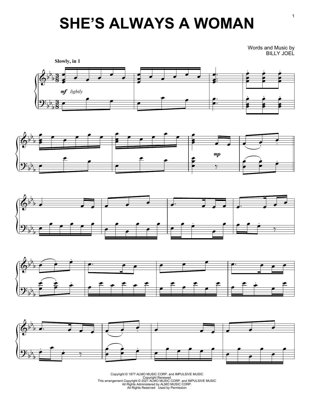 Billy Joel She's Always A Woman [Classical version] (arr. David Pearl) sheet music notes and chords arranged for Piano Solo