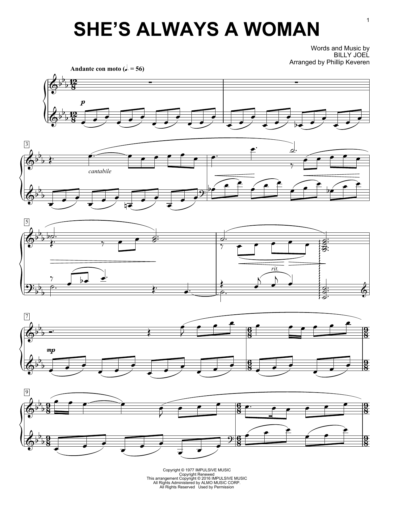 Billy Joel She's Always A Woman [Classical version] (arr. Phillip Keveren) sheet music notes and chords arranged for Piano Solo