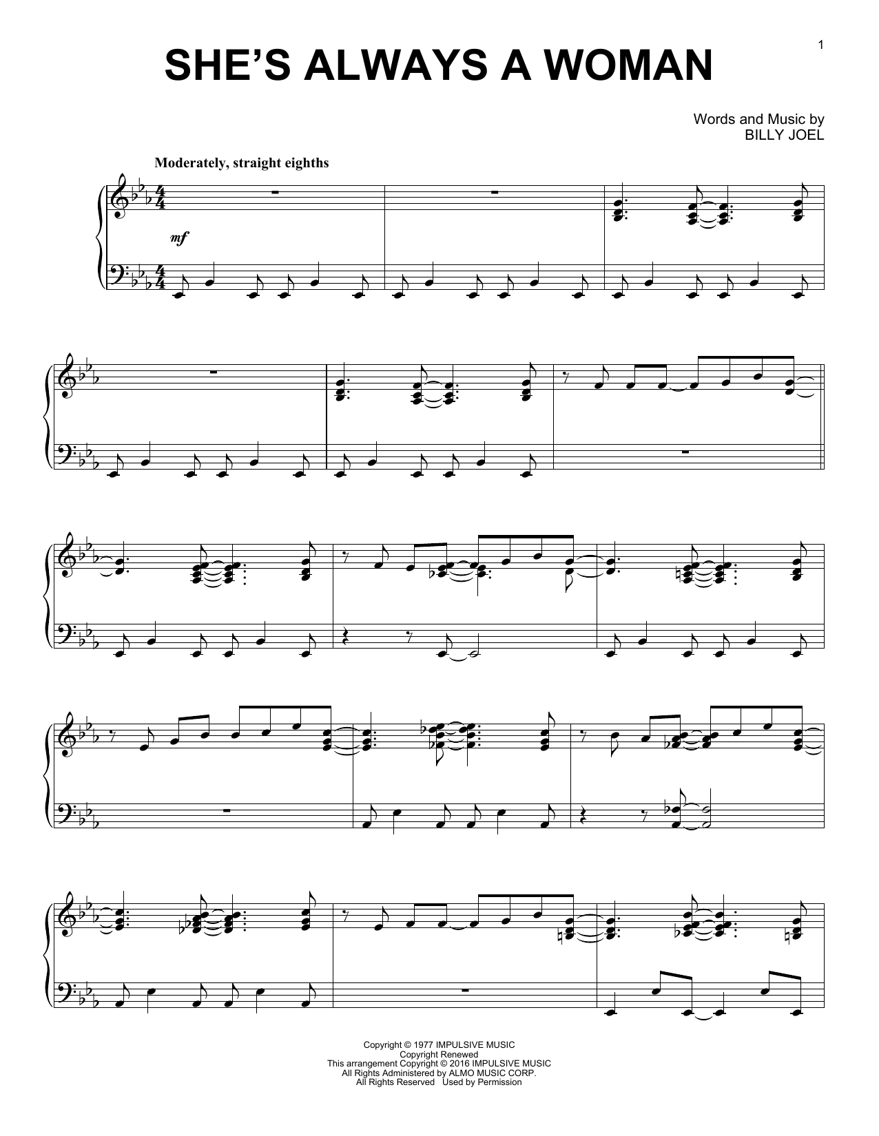 Billy Joel She's Always A Woman [Jazz version] sheet music notes and chords arranged for Piano Solo