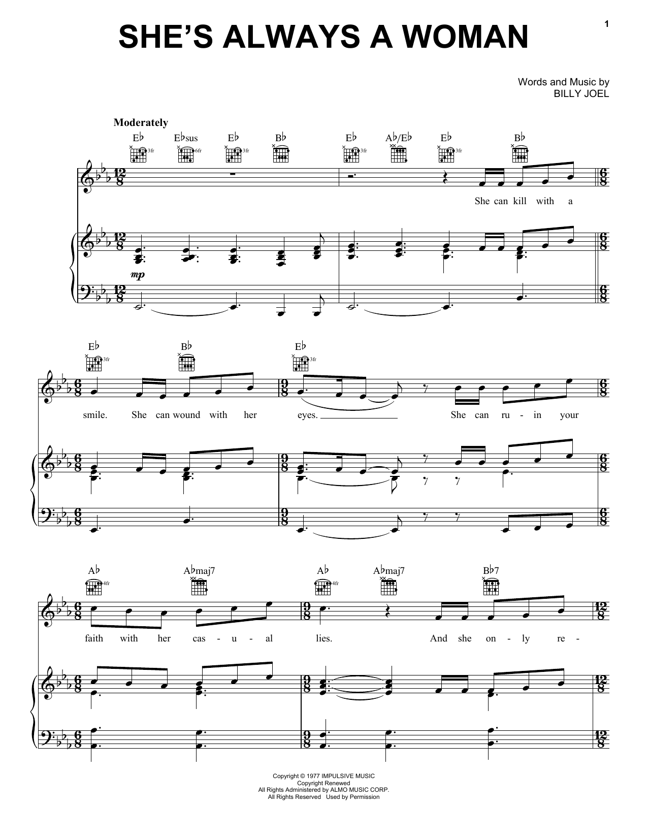 Billy Joel She's Always A Woman sheet music notes and chords arranged for Piano, Vocal & Guitar Chords (Right-Hand Melody)