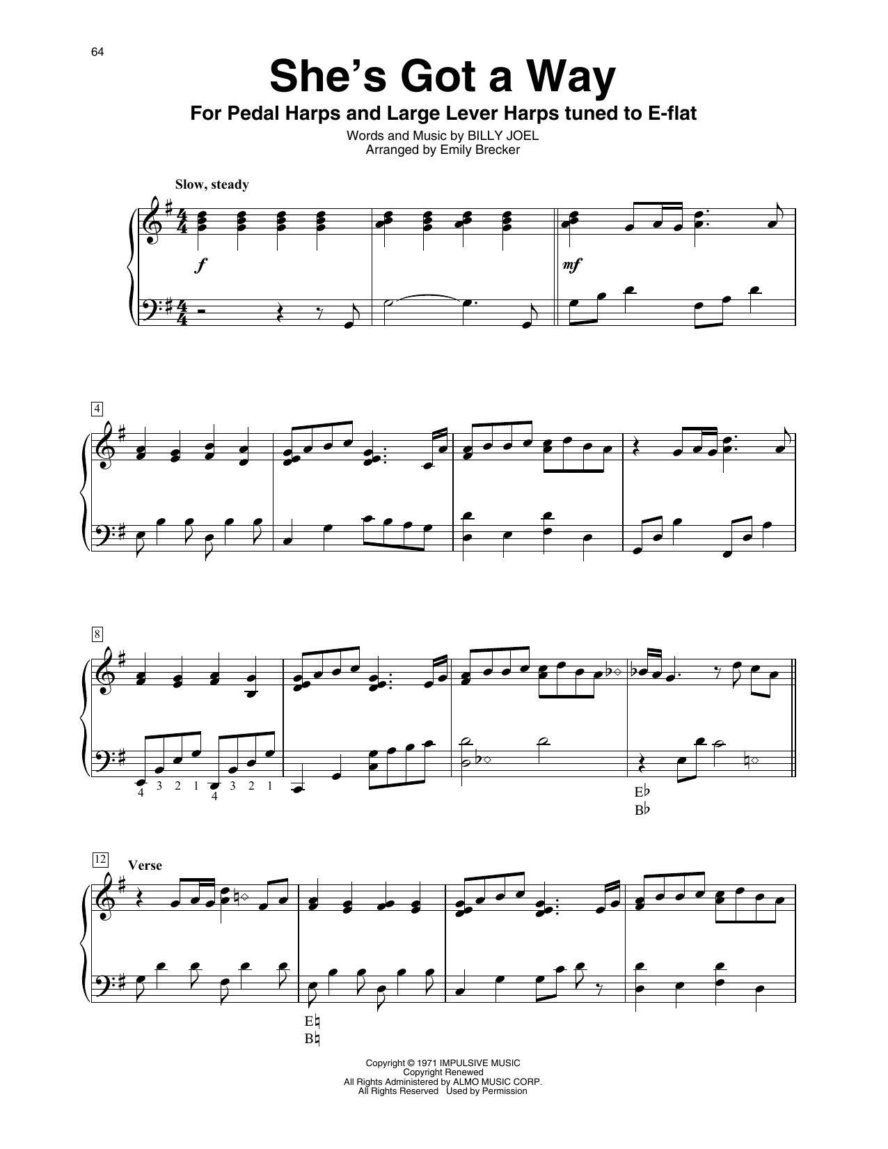 Billy Joel She's Got A Way (arr. Emily Brecker) sheet music notes and chords arranged for Harp
