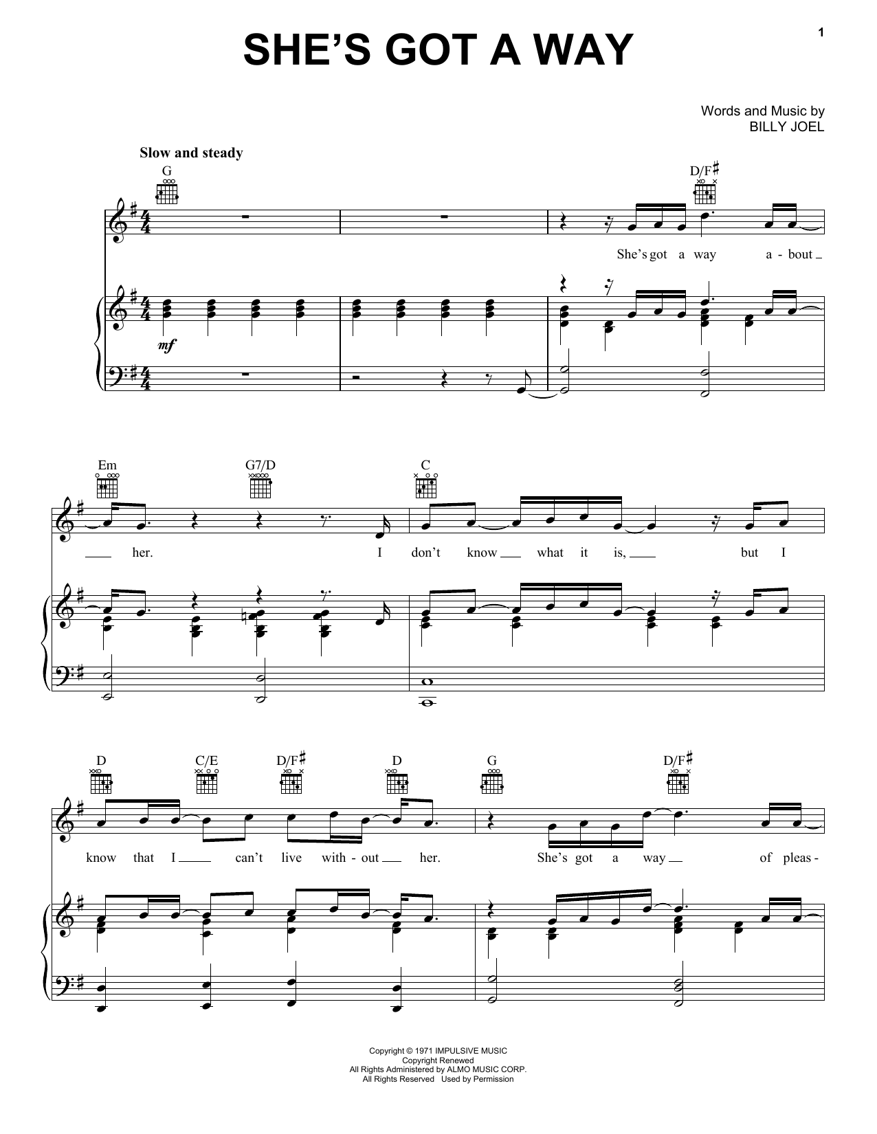 Billy Joel She's Got A Way sheet music notes and chords arranged for Piano Chords/Lyrics