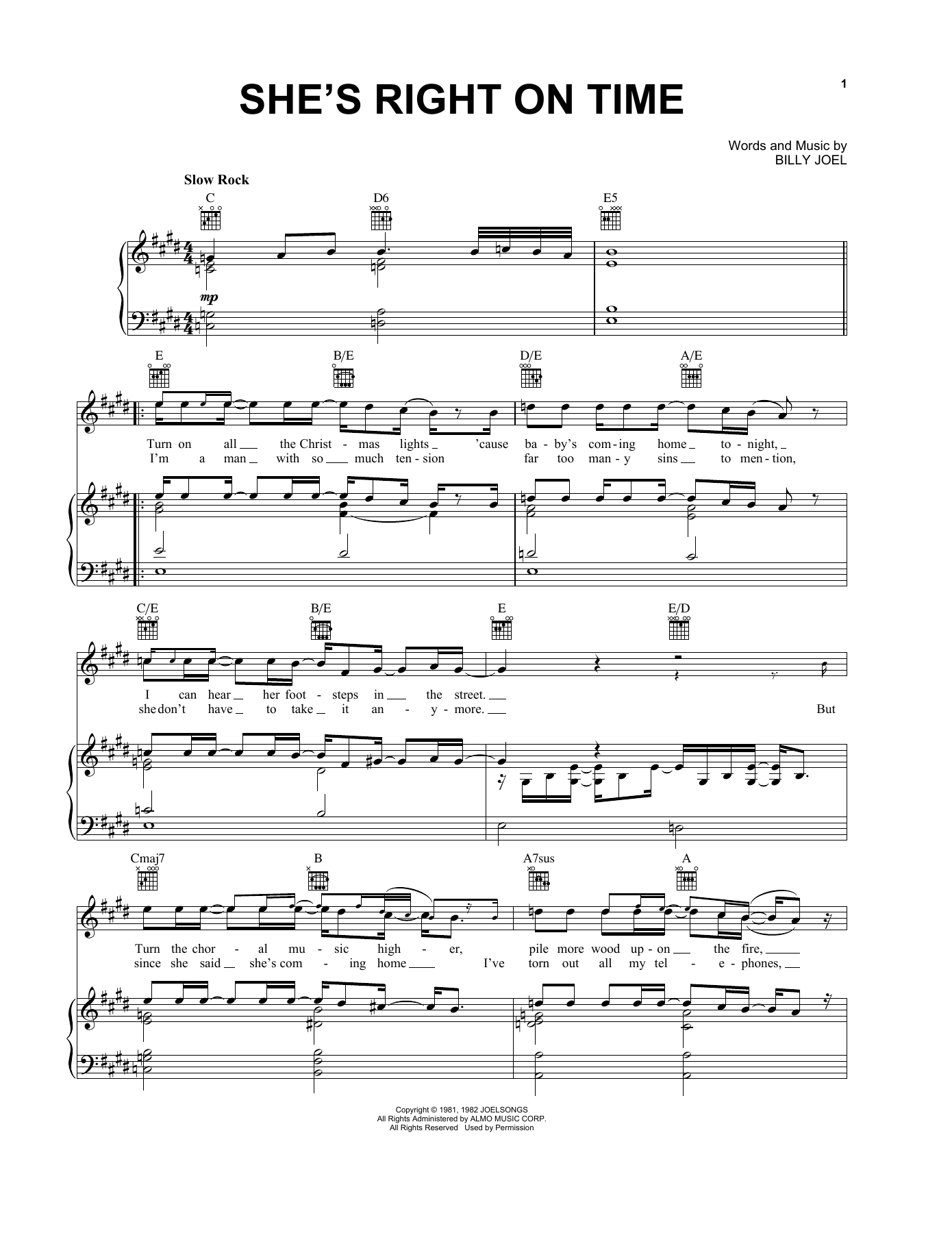 Billy Joel She's Right On Time sheet music notes and chords arranged for Piano, Vocal & Guitar Chords (Right-Hand Melody)
